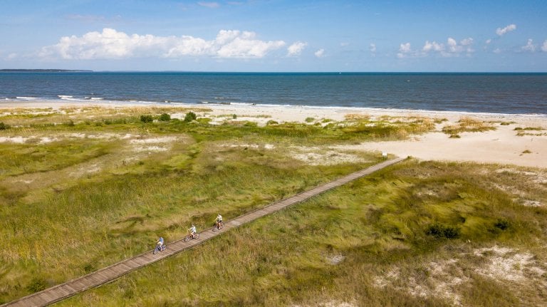 Aerial shot of family cycling at the beach on the boardwalk